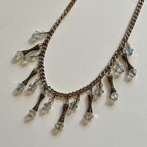 Vintage Gold Tone Beaded Crystal Necklace with Hourglass Drops